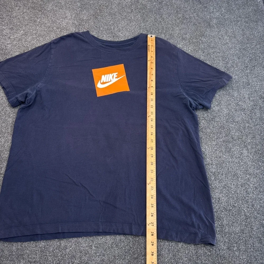 Nike Tee Shirt Mens Size XL Navy Blue‎ Orange Box Logo Crew Neck Swoosh